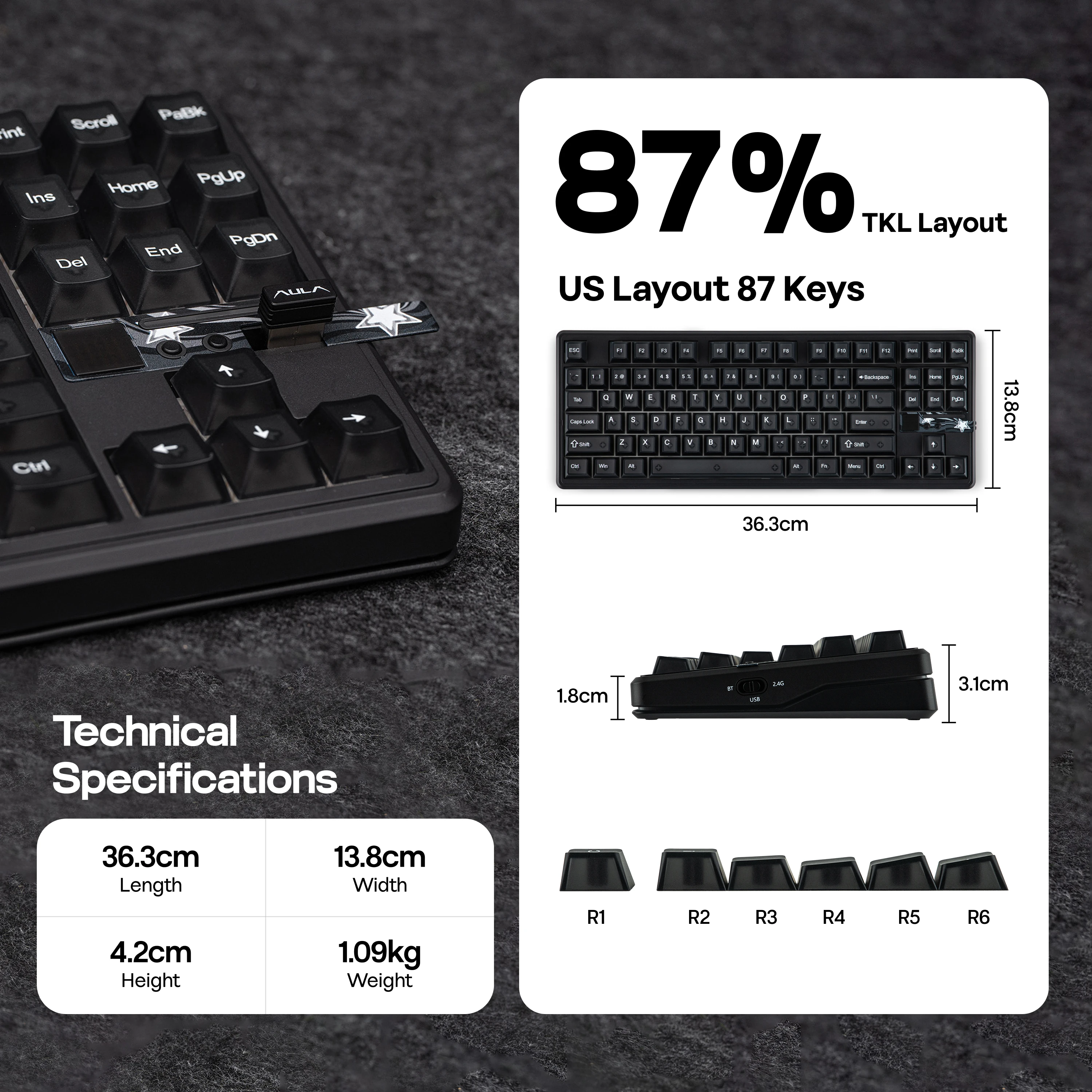 Фото AULA F87 PRO V2 TKL US ANSI Layout Проводная/BT/2,4 ГГц Беспроводная механическая игровая клавиатура с 10000 мАч и 8K Polling SOCD/MT/TGL №5