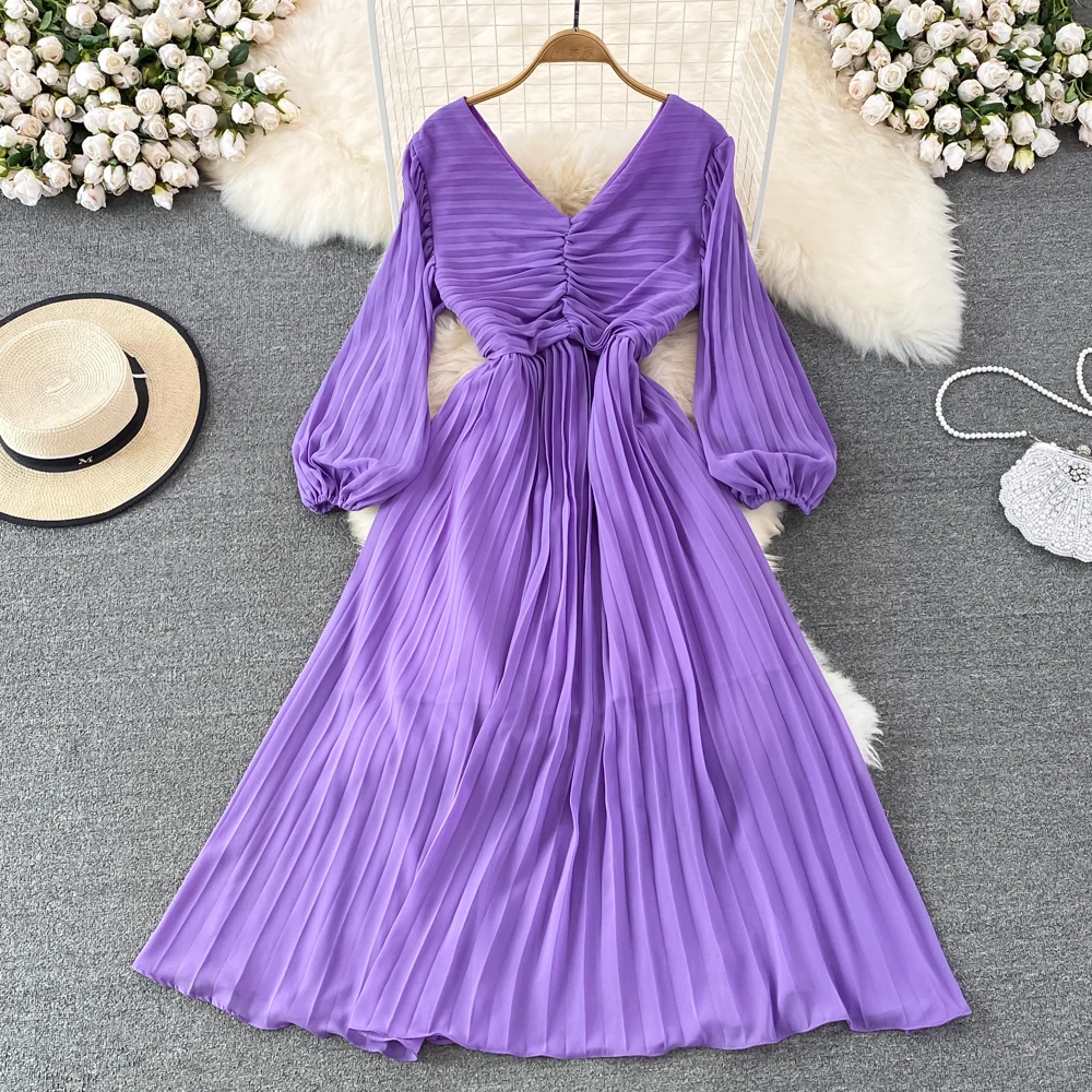 

Женская винтажная плиссированная юбка, элегантная фиолетовая/красная/Розовая/желтая/зеленая юбка со складками и рукавами-фонариками, нови...