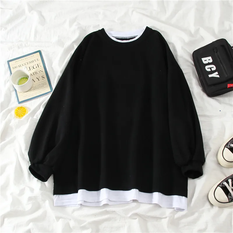

Свитшот женский из искусственного двух предметов, Свободный пуловер с круглым вырезом, Повседневная модная уличная одежда в Корейском стиле Харадзюку, футболка с длинным рукавом, Топ
