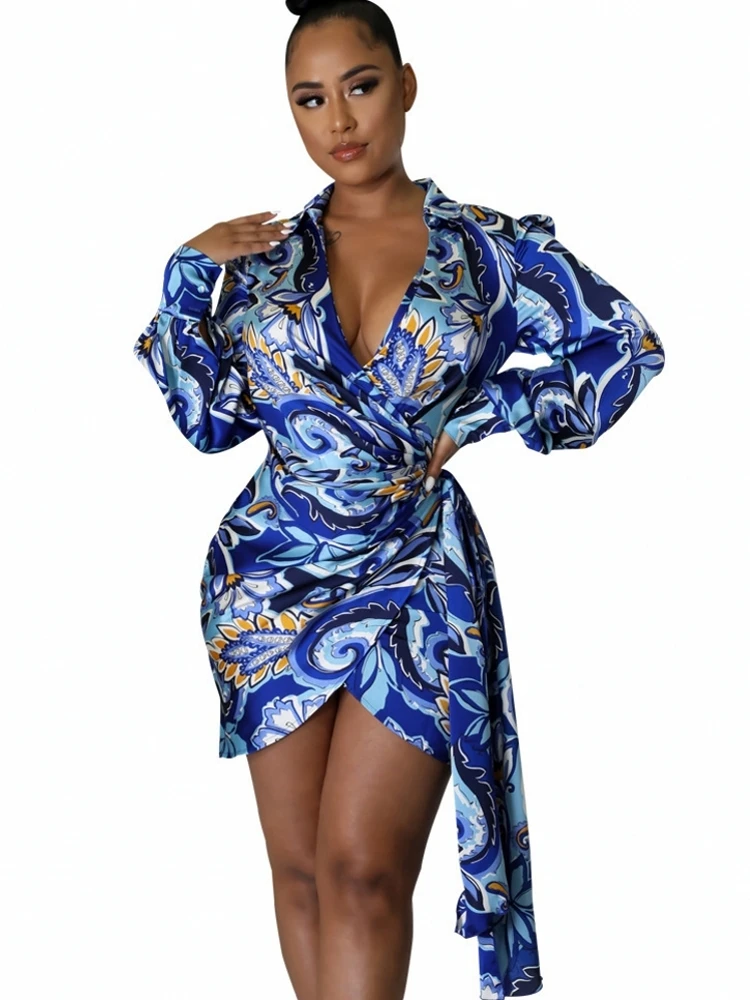 

2022 Spring Autumn Fashion Blue Print Pencil Dress Casual Cute Women Streetwear Bandage Dresses Long Sleeve Office Lady Vestidos
