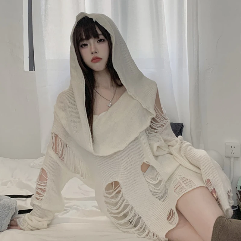 

Y2k Girl Hole Loose Broken Sweaters Long Sleeve Female Hollow Out Gothic Hooded Sweater 2023 Spring White Slit Knitted Hoodies
