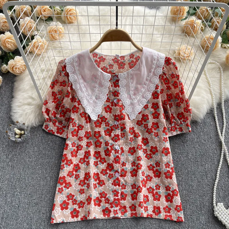 

Женская рубашка с цветочным принтом и маленьким кукольным воротником, модная свободная универсальная блузка с пышными рукавами, 2022