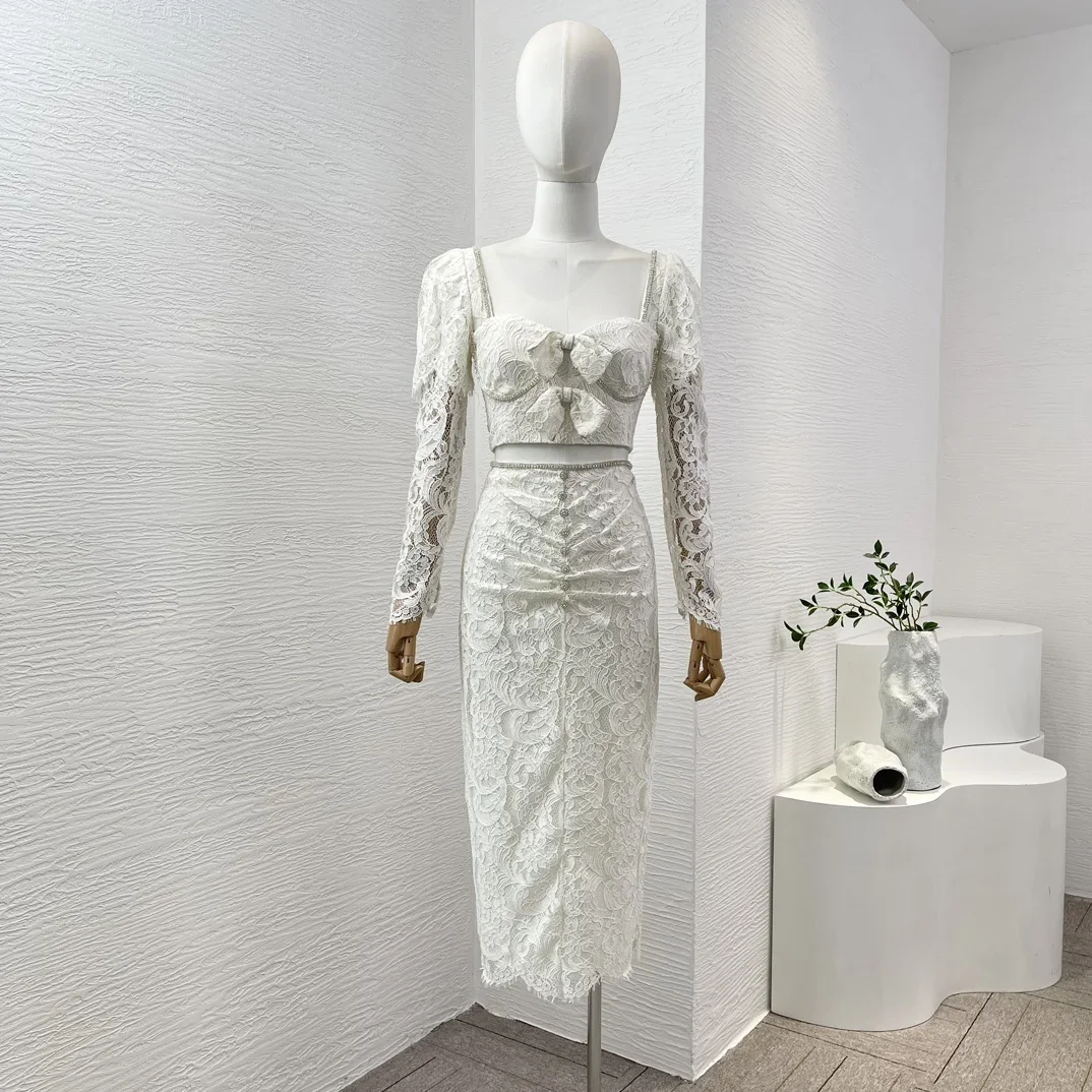 Белая кружевная Лоскутная Юбка-миди с длинным рукавом и бантом