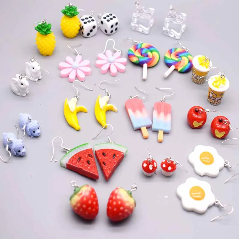 

Earrings for Women Resin Handmade Cartoons Rainbow Lollipop Ice Strawberry Popcorn Pineapple Banana Drop Funny Gift