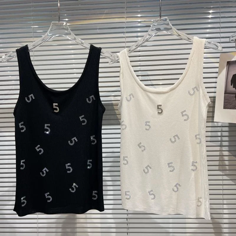 

Letter Sequins Ice Silk Knitted Tank Tops Black White Summe Women Tops