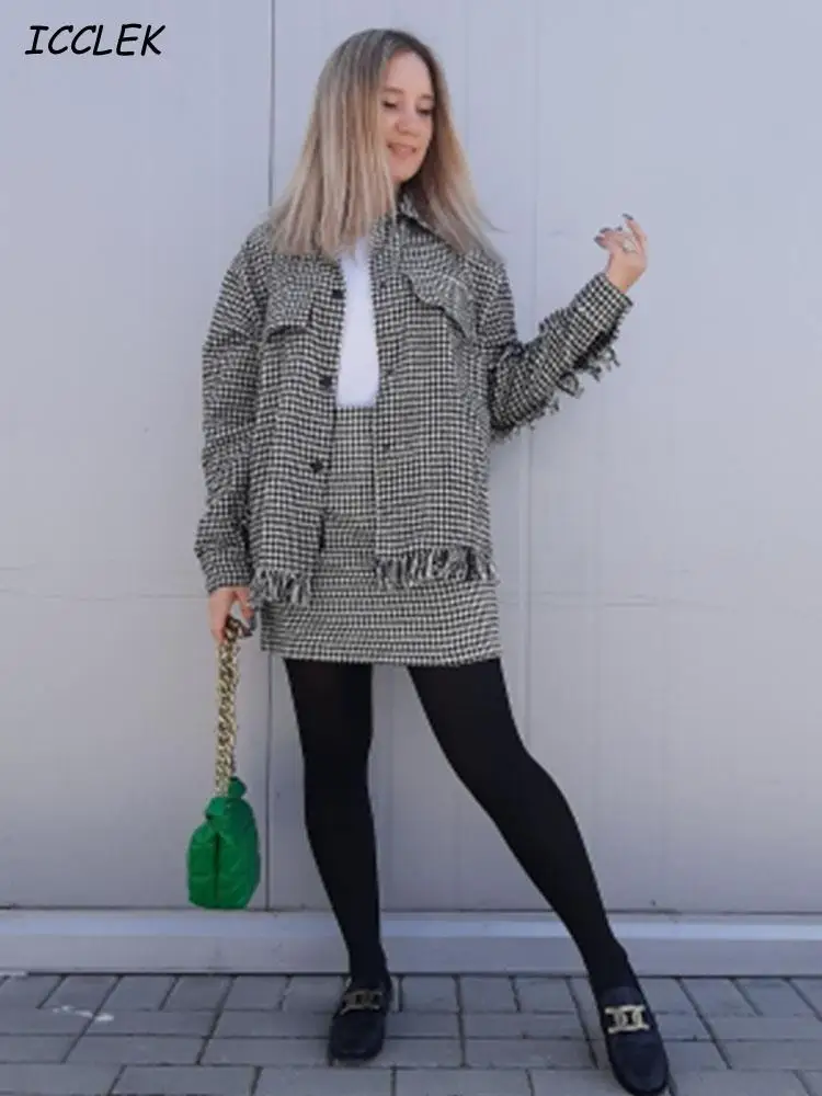 Women Shirts Oversize Houndstooth Jacket coats With Pocket Female Vintage Plaid Jacket Spring Tassel Coat TRF Mujer 2021 New