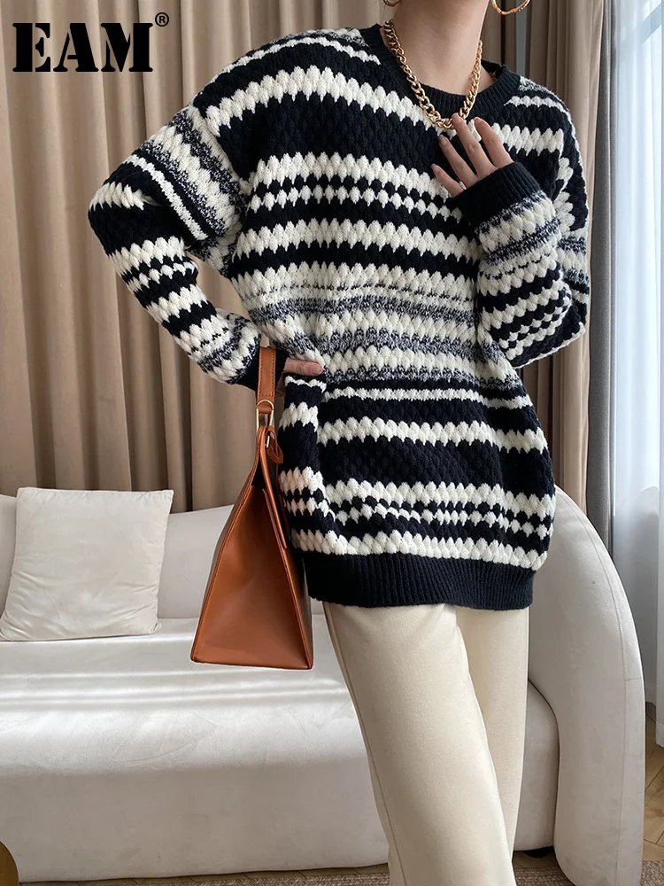 

[EAM] полосатый вязаный свитер большого размера, круглый вырез, длинный рукав, женские пуловеры, новая мода, Осень-зима 2022 1DF3192
