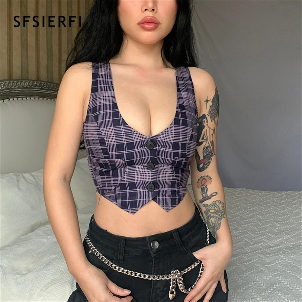 

SFSIERFI Vintage Plaid Corset Top Womens Streetwear Y2k Backless Crop Top Mini Vest Tuxedo Suit Waistcoat Punk Style Corsetier