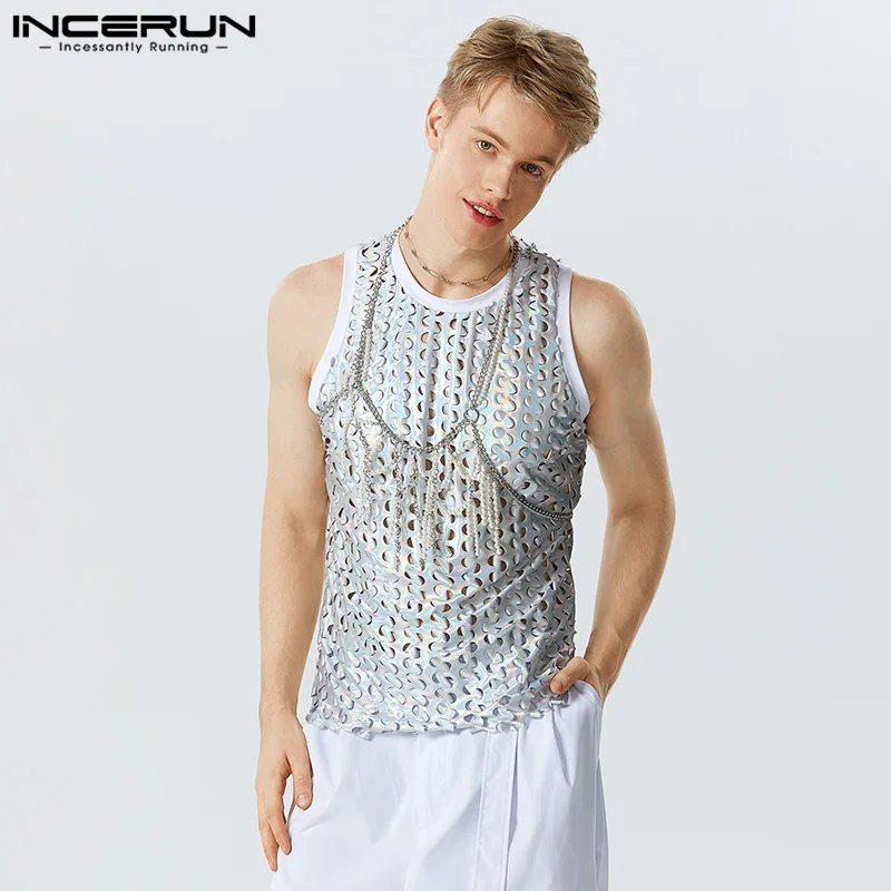 

INCERUN Men Tank Tops Sparkling O-neck Sleeveless Hollow Out Sexy Vests Men Summer Streetwear 2023 Fashion Party Nightclub Tops