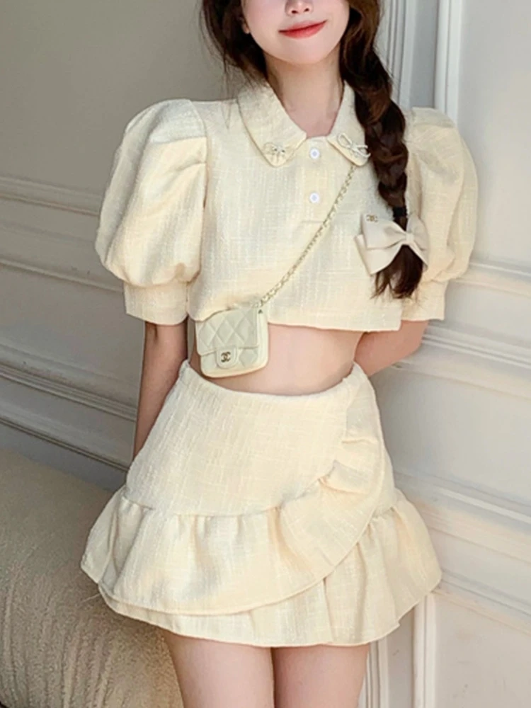 Женский твидовый костюм короткий топ с пышными рукавами и юбка-годе маленький