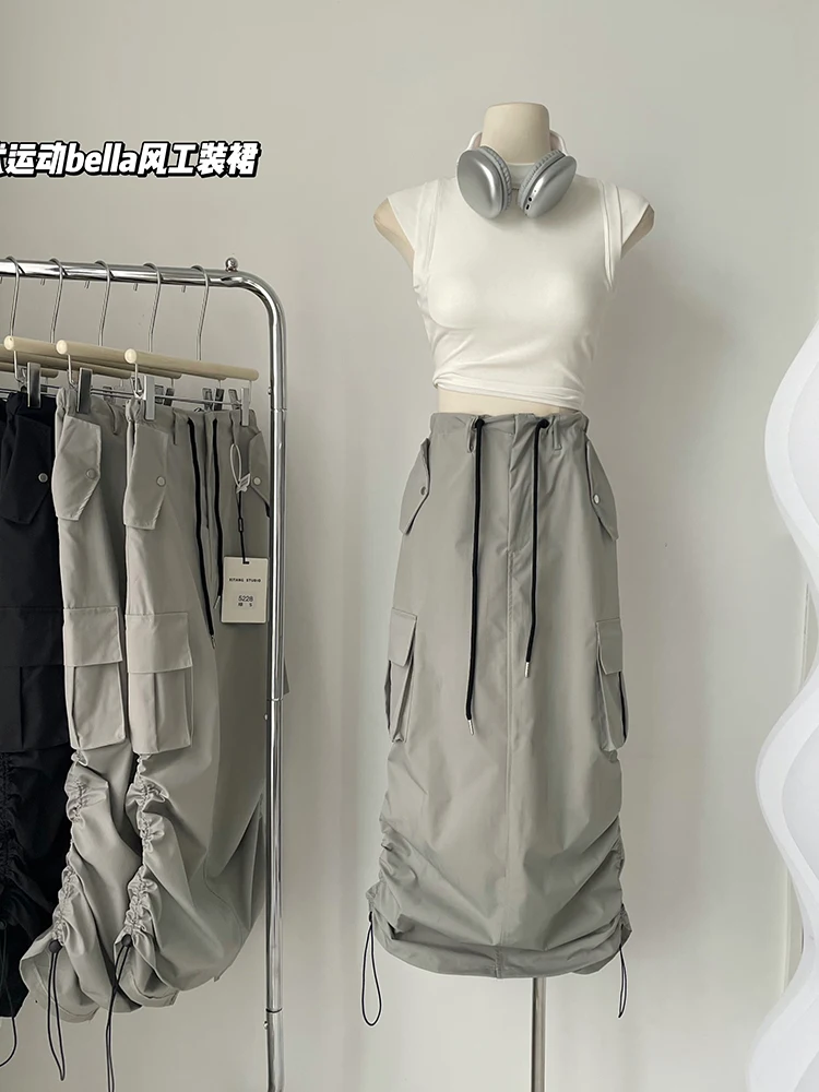 

2023 Summer Women Design Cargo Midi Skirts Y2k Streetwear Grunge 2000s Aesthetic Tide Korean Fashion Punk Style Gyaru Harajuku