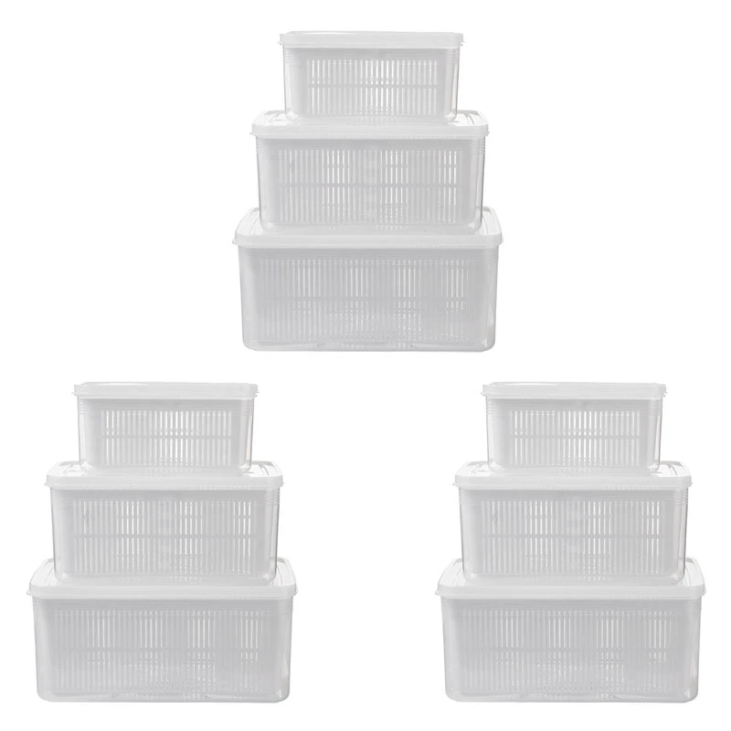 

9Pcs Rectangular Double Tier Storage Box Household Refrigerator Fruit Vegetable Sealed Crisper Drain Storage Boxes