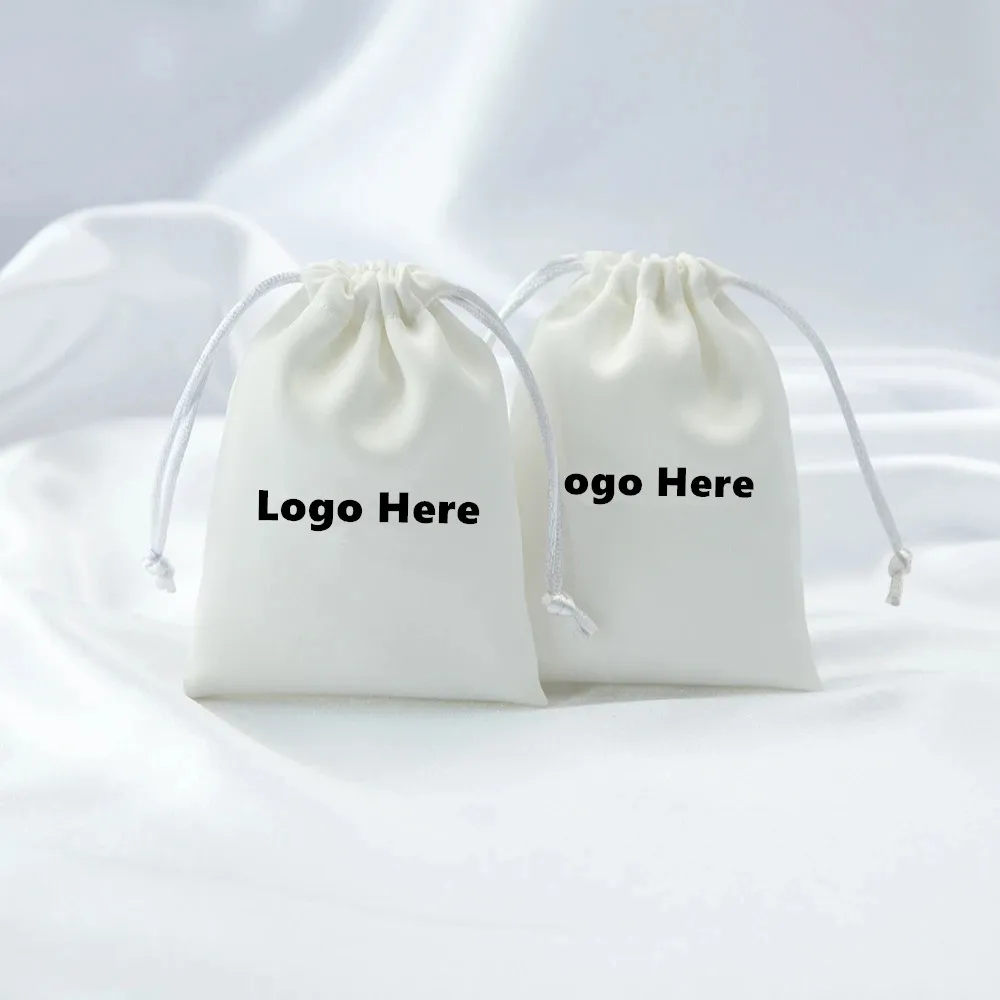 

100pcs Custom Logo Name White Silk Jewelry Small Gift Bags Satin Drawstring Packaging Pouch Wedding Favors For Guests Candy Bag