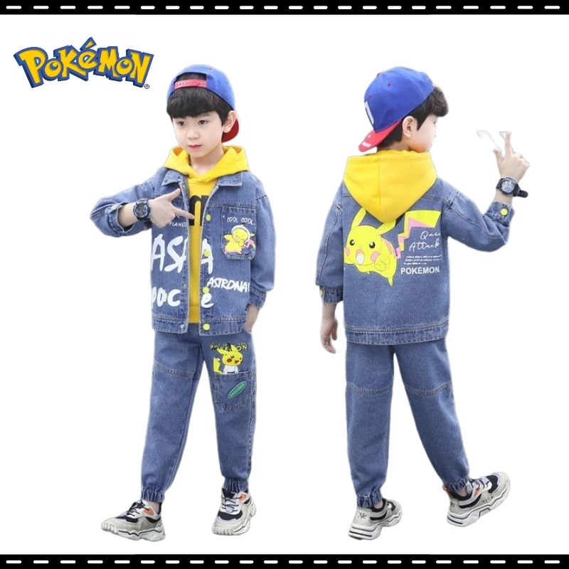 

Anime Peripherals Pokemon Pikachu Boys Autumn Suits New Hooded Sweatshirts Denim Three-piece Suits Boys Gifts