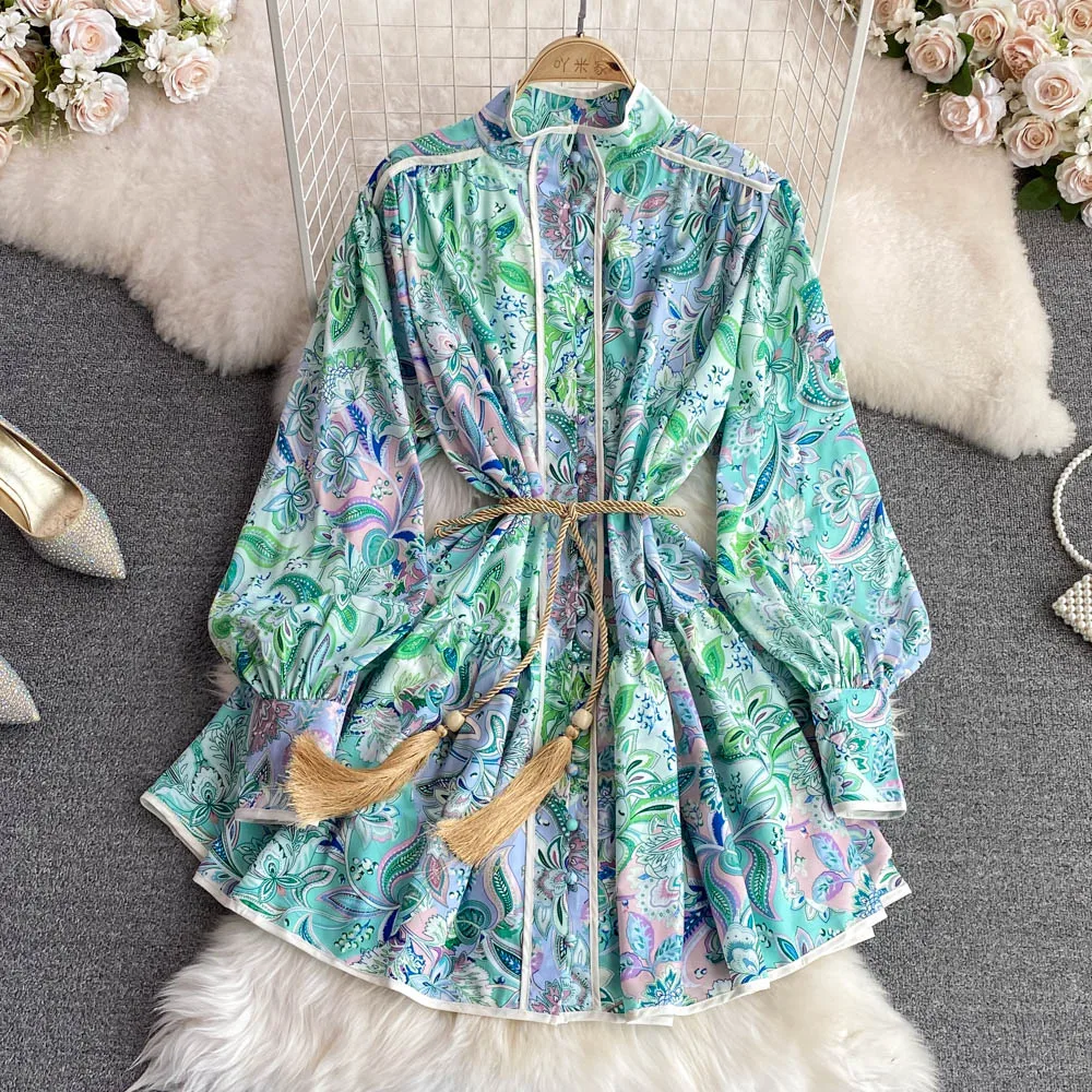 

SuperAen 2022 Holiday Beach Retro Stand Single-breasted Printing A Line Big Swing Dress for Women