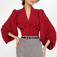 2022 summer womens top solid red v neck lantern sleeve pleated shirts new elegant loose slim fit fashion casual ladies clothes