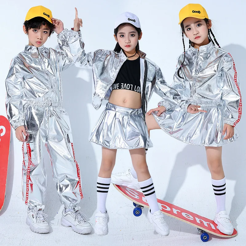 

Autumn Children Hip-hop Suits Boys Drums Costumes Girls Silver Color Jazz Dance Costumes Rave Clothes