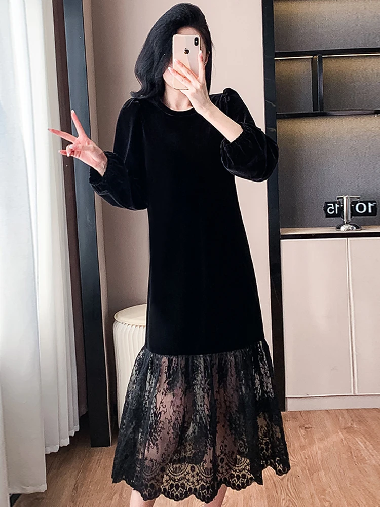 Женское длинное платье NYFS свободное в Корейском стиле с кружевным подолом осень