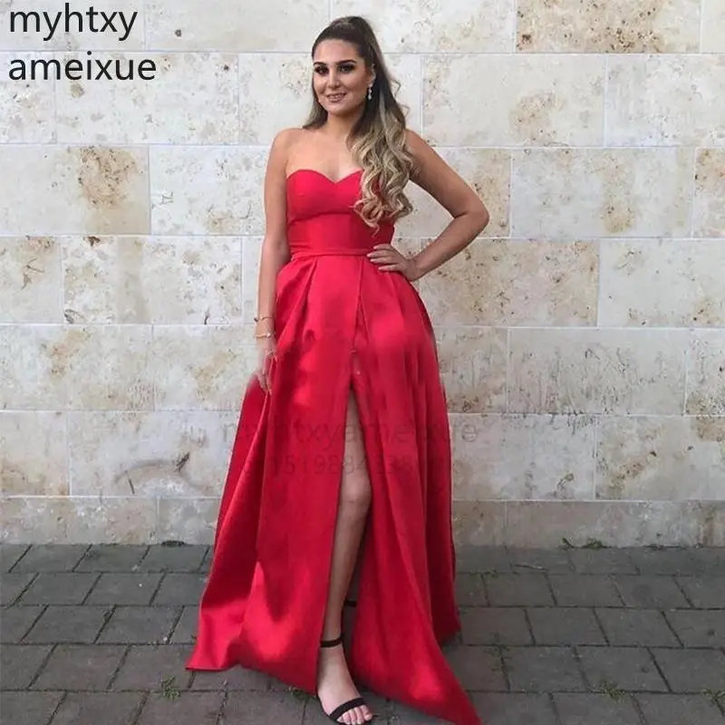 

Long Sexy New Simple Red Satin Plus Size Prom Dress A-line Sweetheart Neckline Vestido De Noite Women Formal Party Dresses