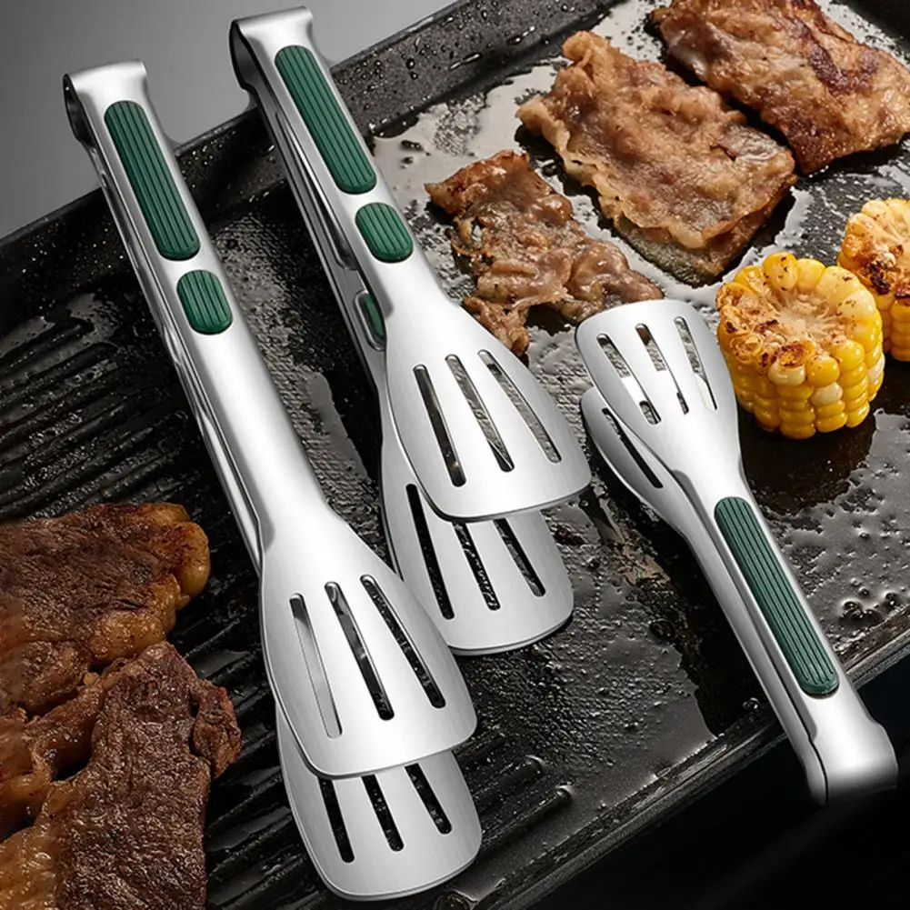 

Non-Slip Silicone Handle Food Tongs Hollowed Draining Serving Food Barbecue Grill Bread Clamp Stainless Steel Food Tongs Kitchen