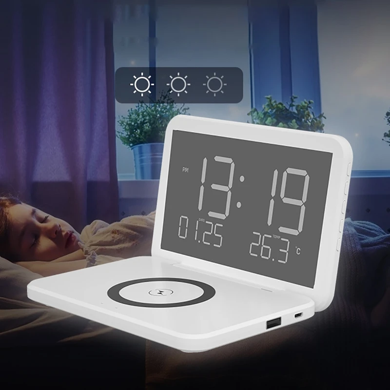 

Современный будильник 15 Вт с USB-зарядкой и телефоном, Беспроводная зарядка, календарь, термометр, зеркало, складной светодиодный цифровой бу...