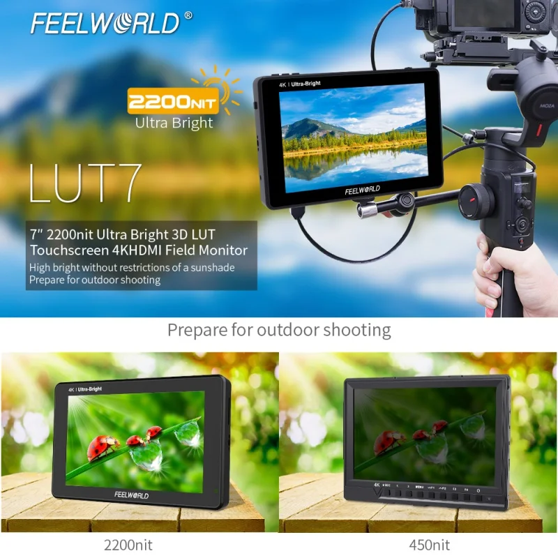 

FEELWORLD LUT7 7 Inch 3D LUT 2200nits Touch Screen DSLR Camera Field Monitor with Waveform VectorScope Histogram