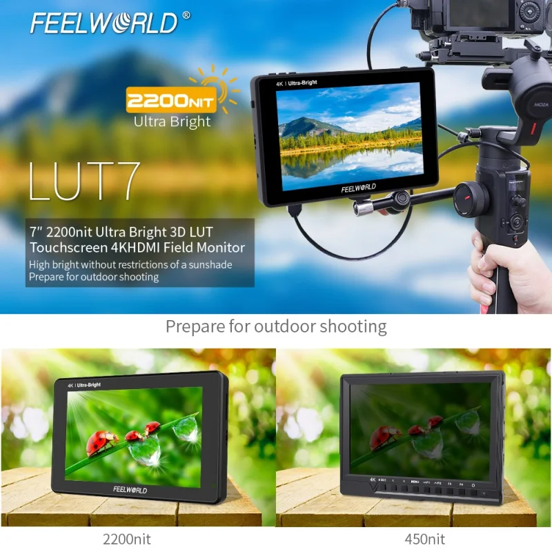

7-дюймовый сенсорный экран FEELWORLD LUT7 3D LUT 2200nits для цифровой зеркальной камеры, полевой монитор с гистограммой векторскопа Waveform