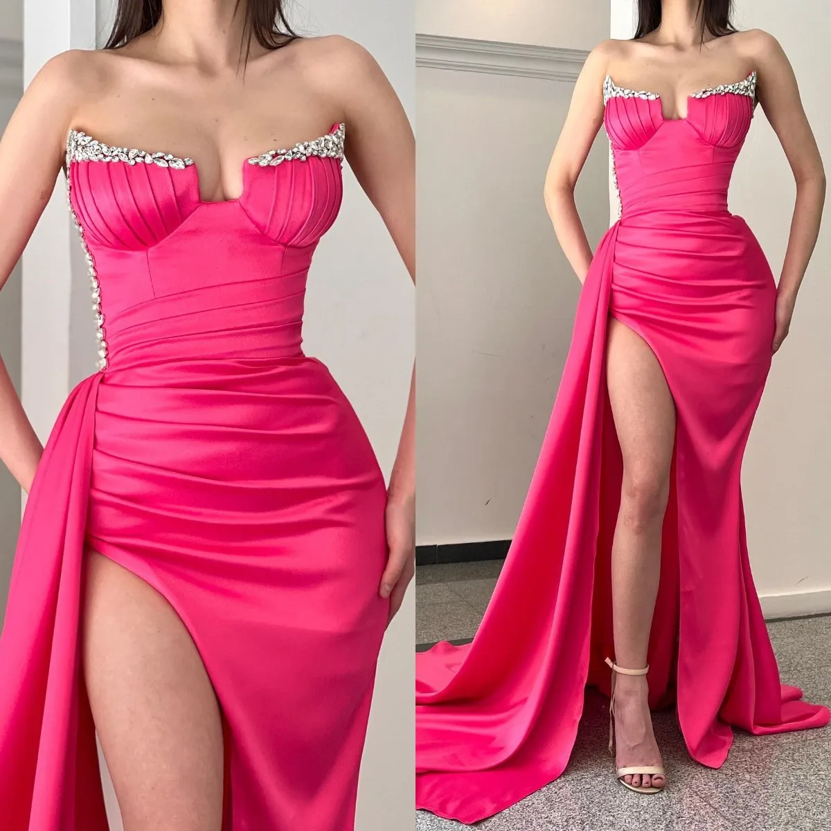 

Vintage Pink Evening Dresses Crystals Sleeveless Elegant Pleated Prom Dress Sexy High Split Custom Made Gowns Robe De Soiree