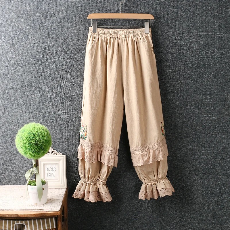 

Mori Girl Elastic Waist Embroidery Harem Pants Cotton Loose Casual Cropped Pants Women Summer