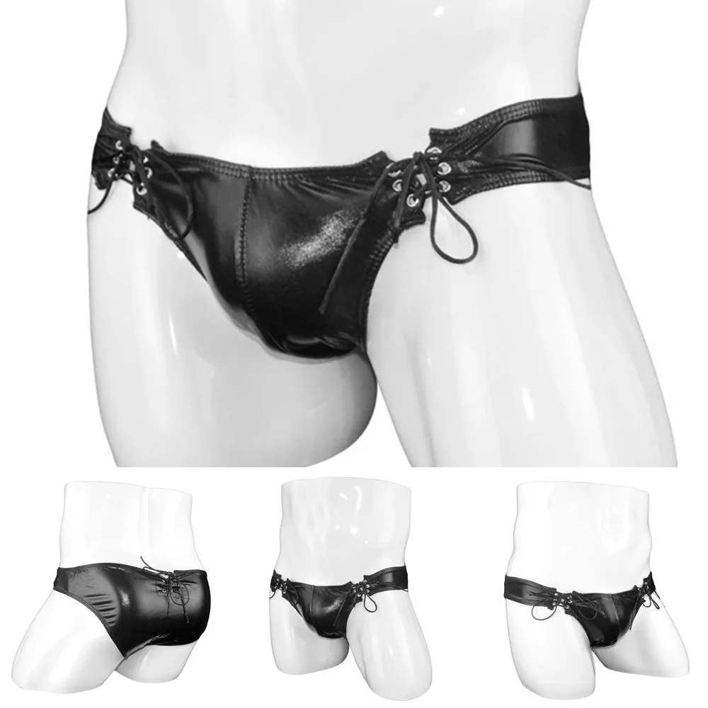 

Men Sexy Underwear Faux Leather Boxers Shorts Low Waist Shiny Black Solid Color Pouch Underpant Bandage Intimates