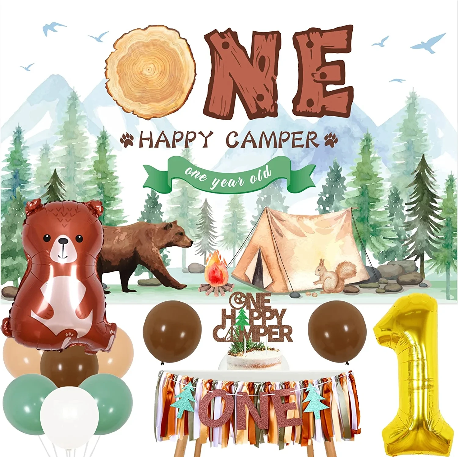 

JOYMEMO Camping 1st Birthday Decorations One Happy Camper Backdrop Glitter Cake Topper Number 1 Balloon for First Birthday Party