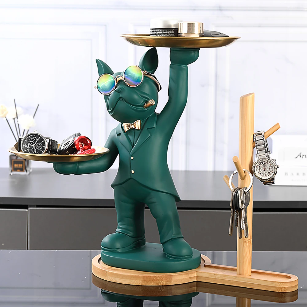 

Деревянная полка для украшения интерьера комнаты собаки, скульптура животного, домашний декор, с 2 металлическими лотками, фигурки бульдога...