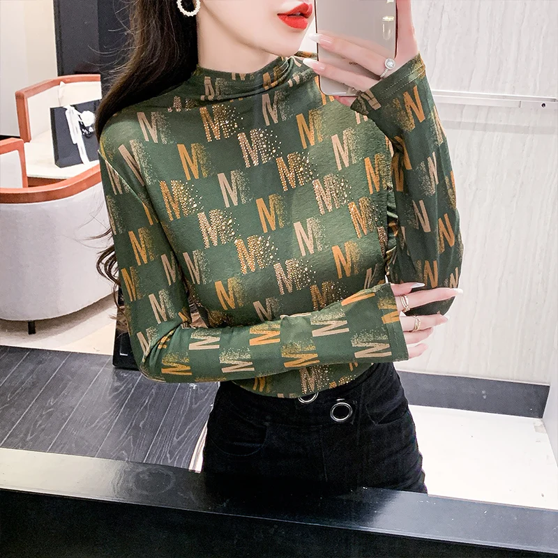 2023 spring long sleeve top tees half turtleneck pullovers for women fashion hot drill t-shirts elegant letters tshirt woman