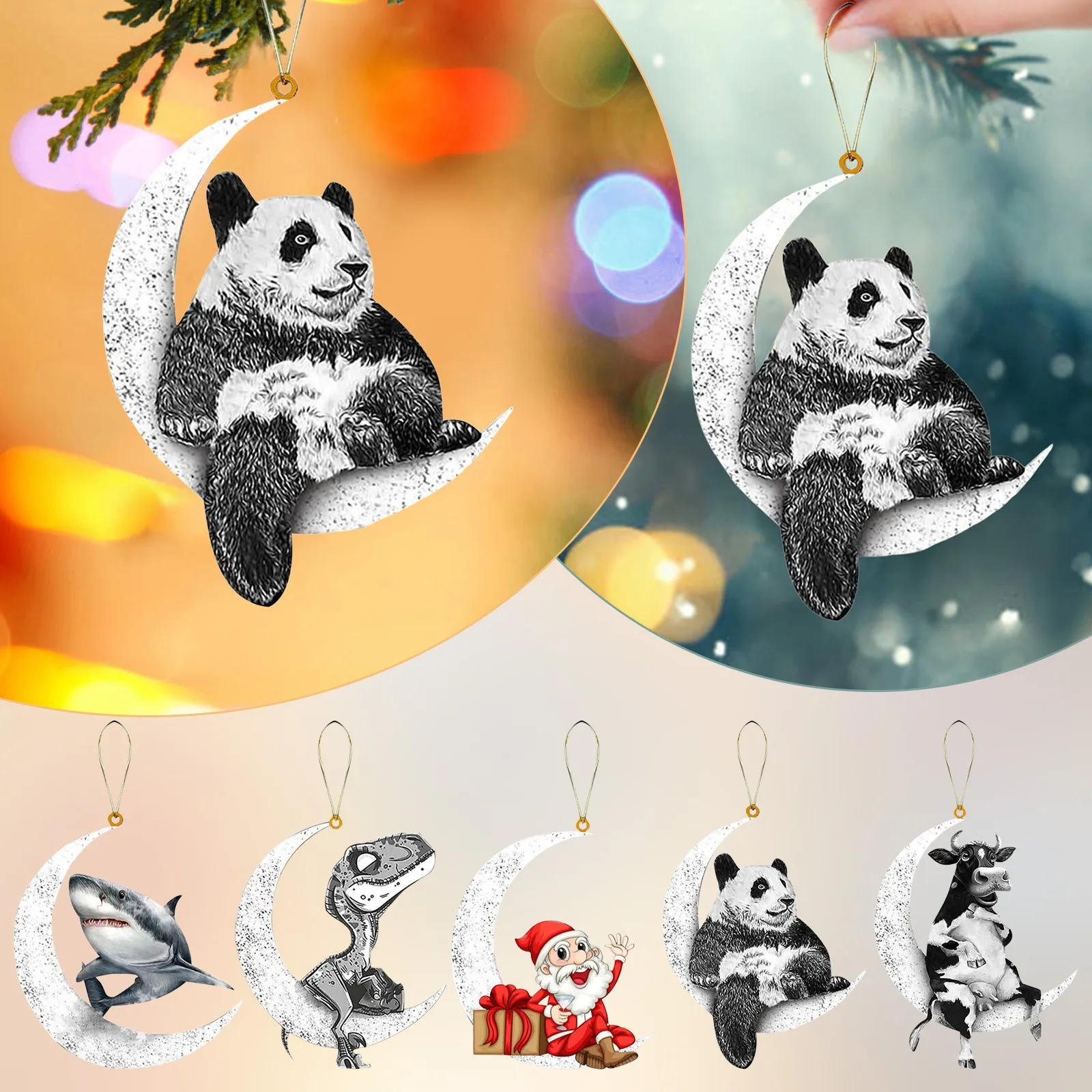 

Christmas Decorations Gifts Acrylic Flat Christmas Tree Hanging Ornament Creative Cute Animals Panda Sitting On The Moon Decor