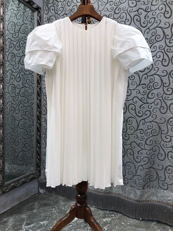

2022 new women fashion bubble short-sleeved pleated straight simple dress 521
