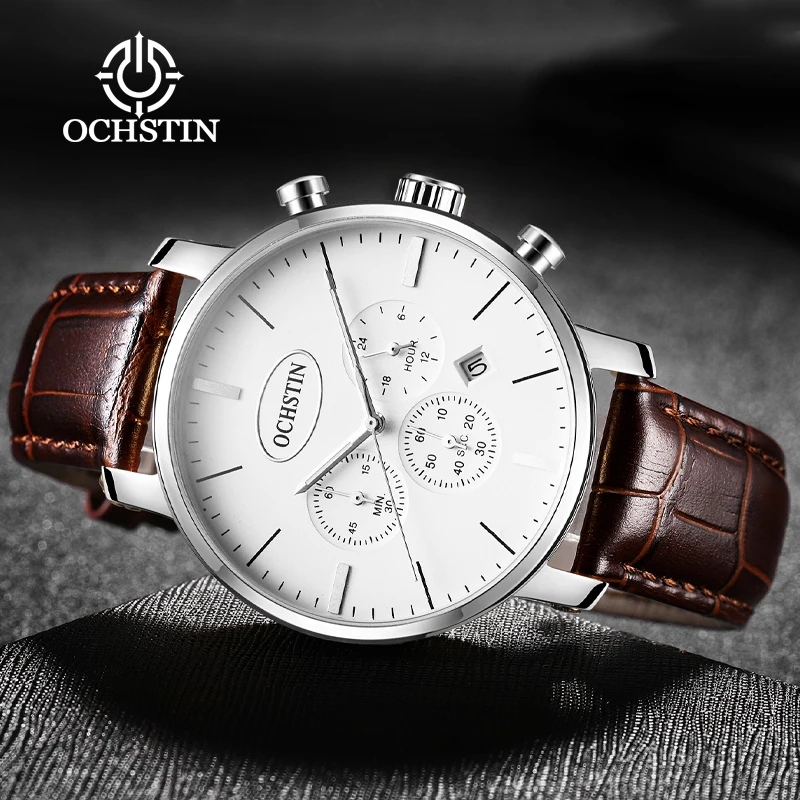 Фото OCHSTIN Luxury‑Simple Man, элегантные повседневные часы с ремешком из натуральной кожи, мужские надежные многофункциональные кварцевые модные наручные часы №4