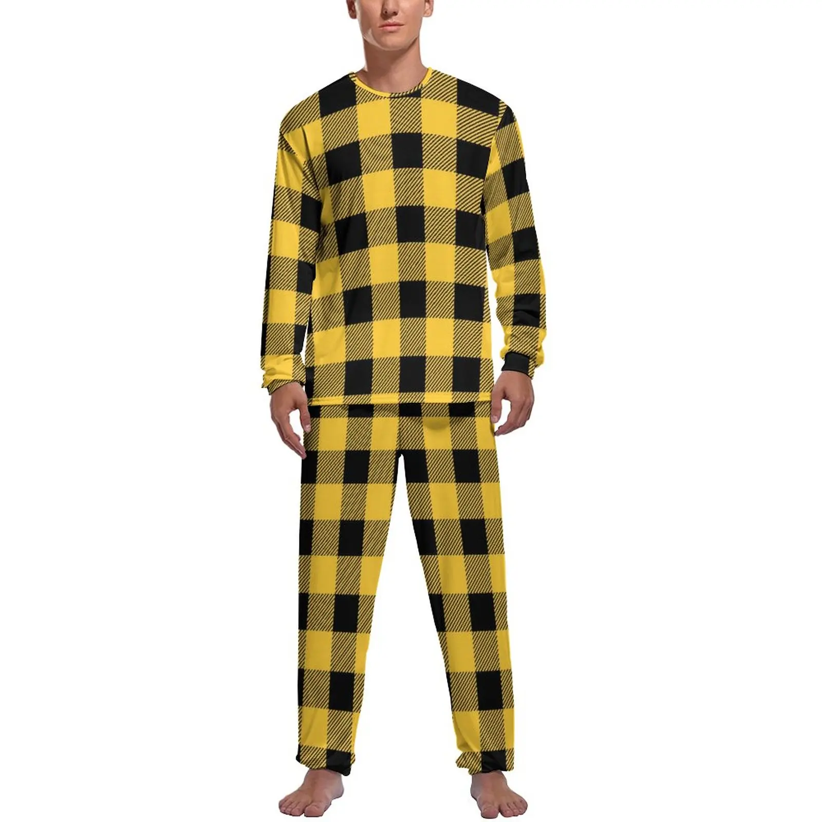 Black Plaid Print Pajamas Yellow Check Men Long Sleeves Elegant Pajama Sets 2 Pieces Home Autumn Printed Sleepwear Birthday Gift