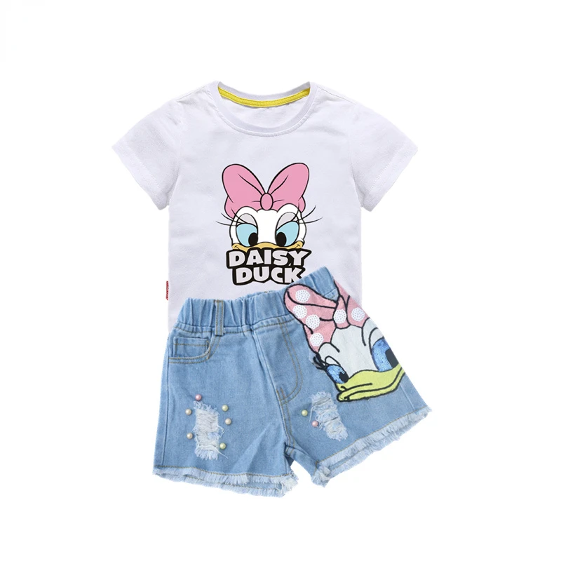 

Summer Kids Clothes Girls Ruffle Outfits Duck Shirt&Sequins Embroidery Broken Hole Pearl Denim Shorts Little Girls Clothing Set