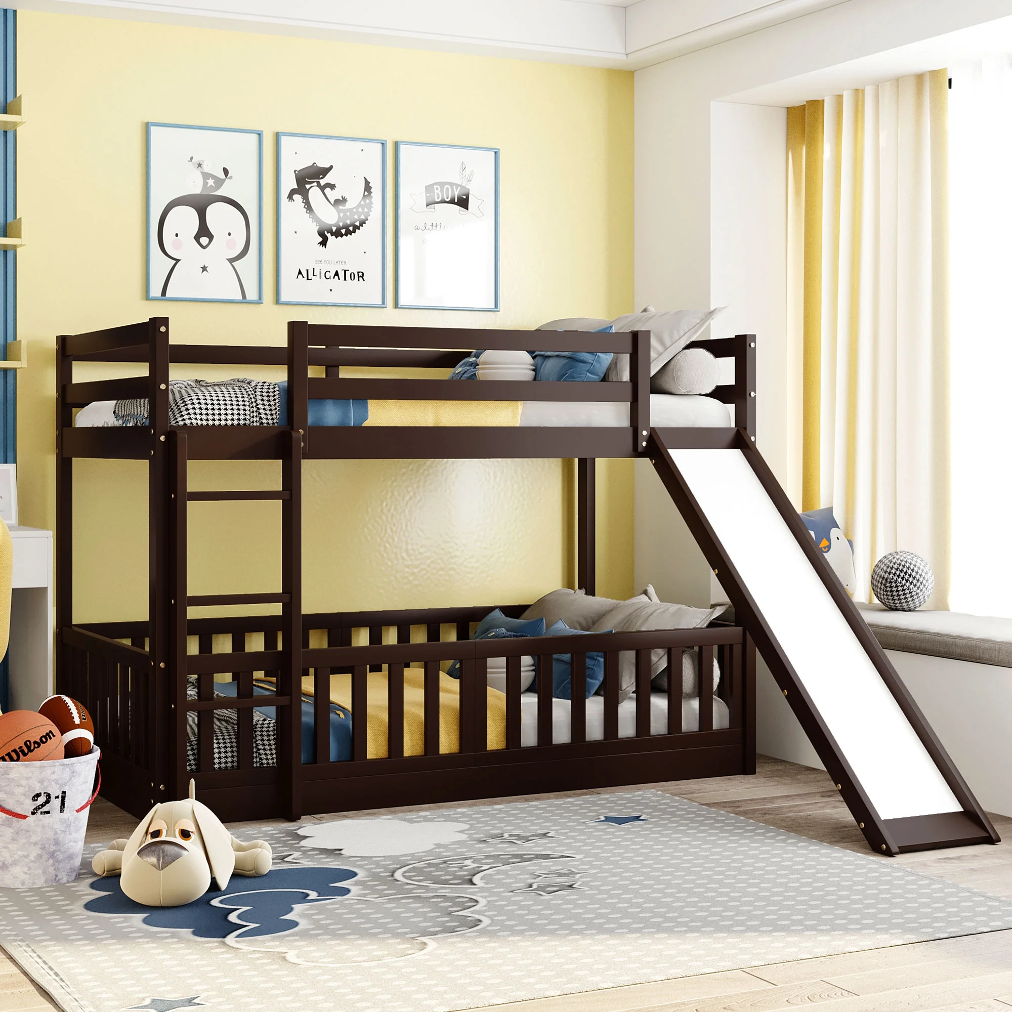 

Twin Over Twin Bunk Bed with Slide and Ladder,Espresso
