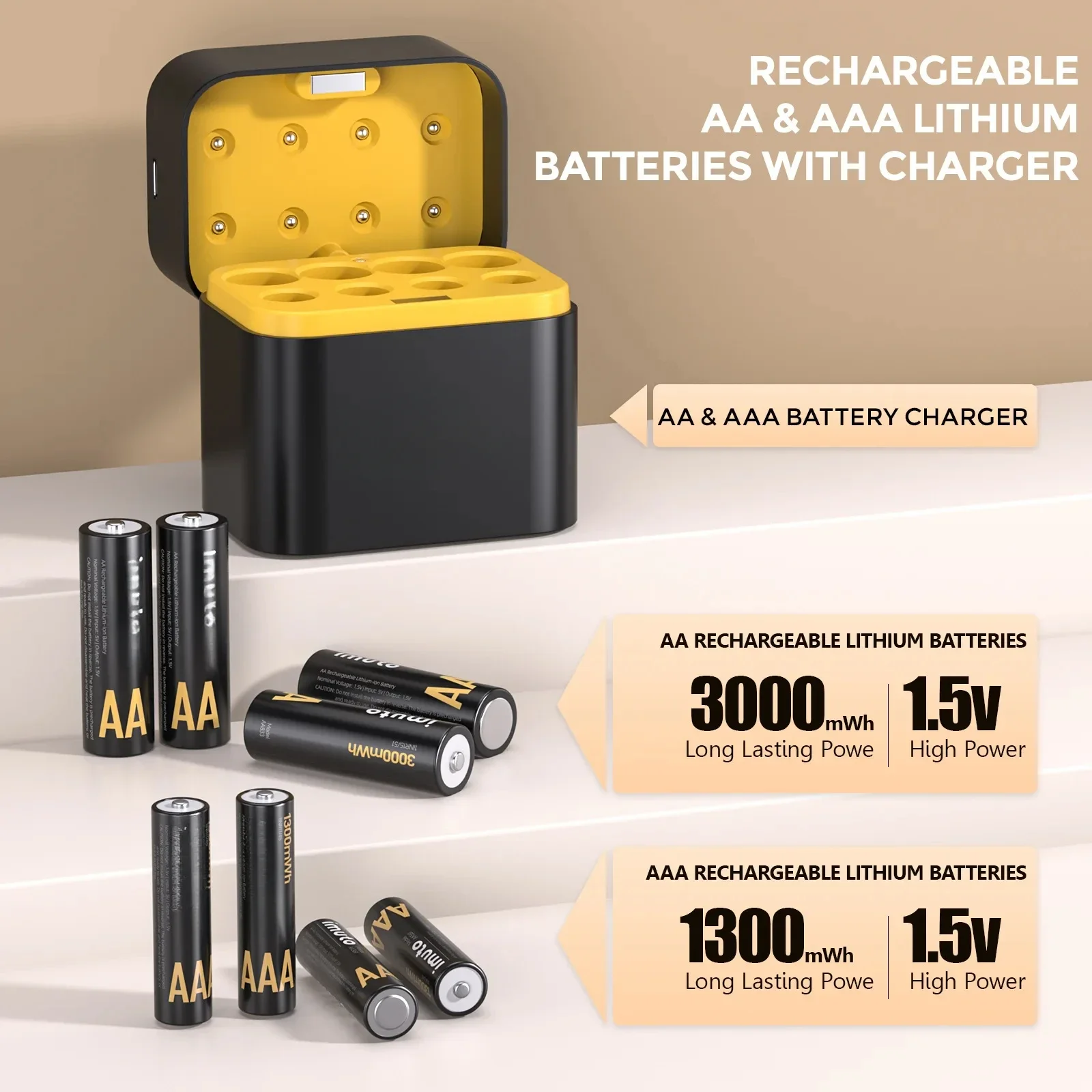 Фото Литий-ионные аккумуляторы AA/AAA с USB-зарядкой, интеллектуальное зарядное устройство с LED-дисплеем, 3000 мАч для литий-ионных аккумуляторов 1.5В №4