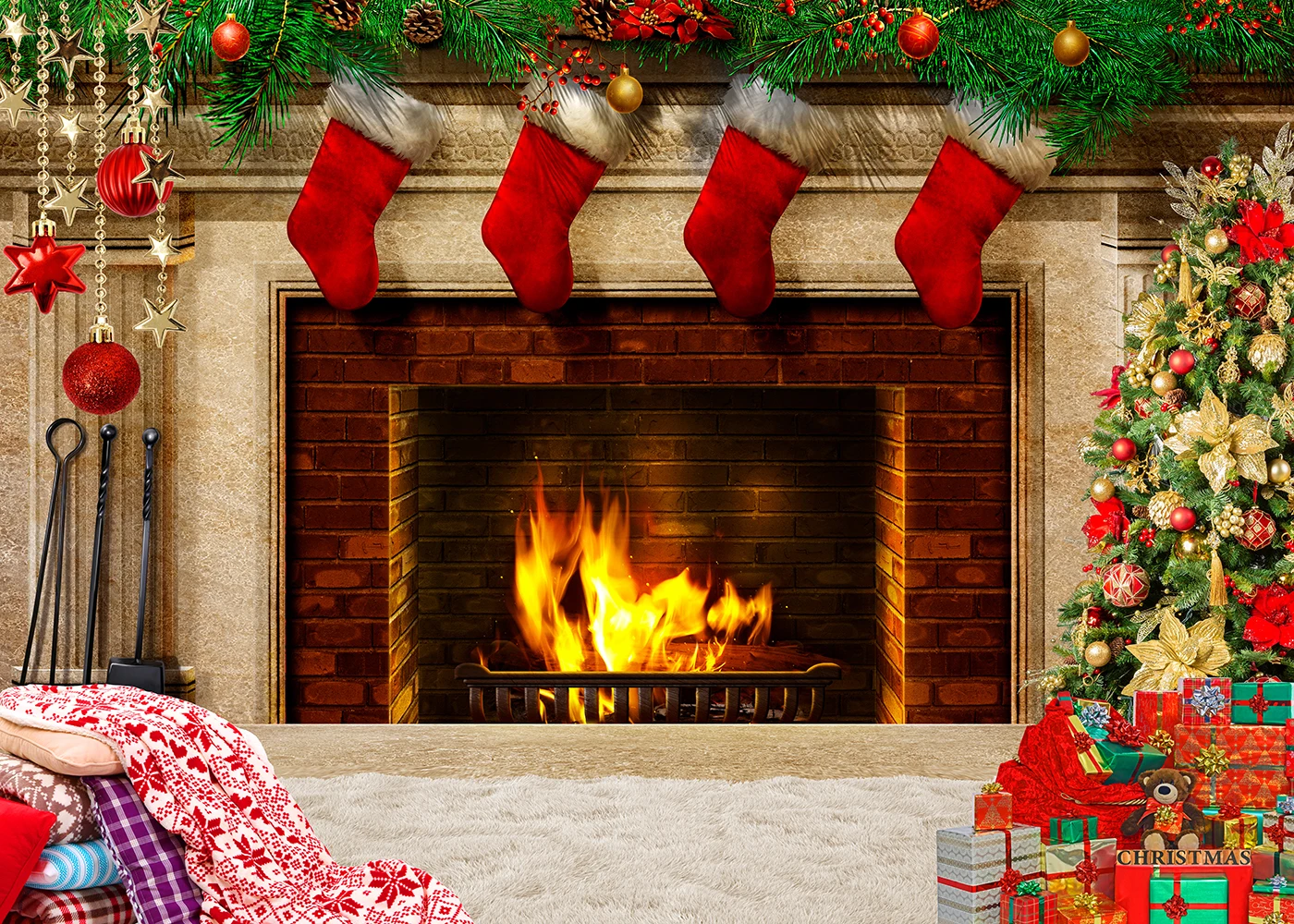 

Christmas Fireplace Backdrop for Photography Tree Sock Gift for Xmas Party Supplies Photo Background Studio Decor Booth Props