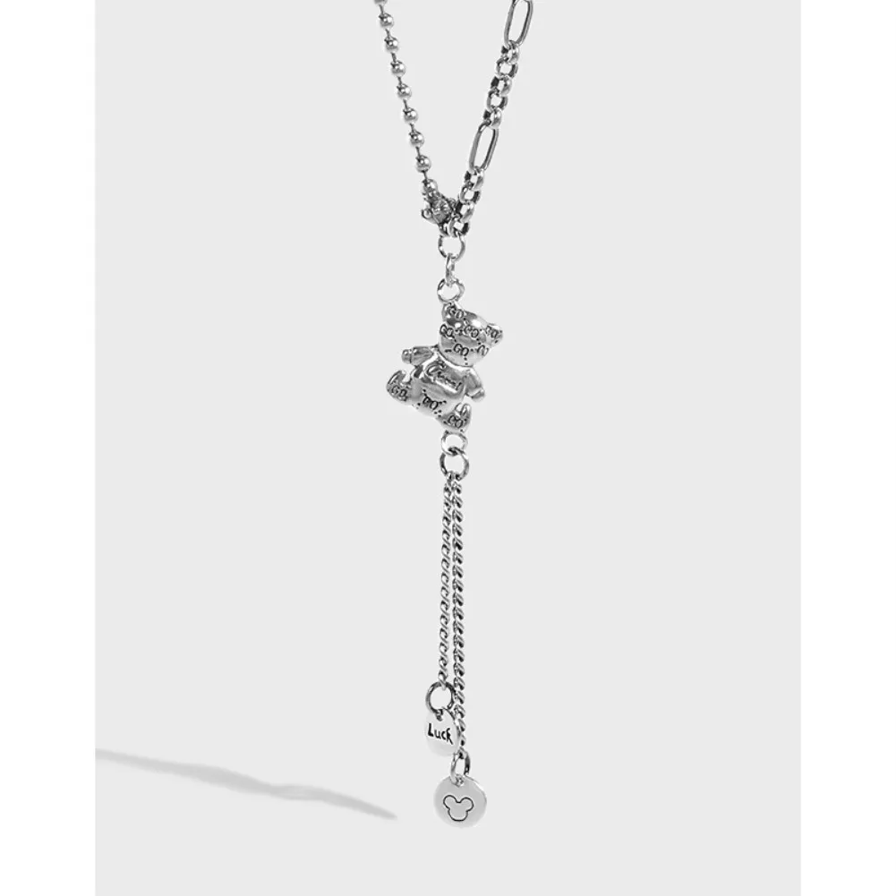 

001 Korean Version Ins Niche Design Sense Retro Old Bear Round Bead Chain Texture S925 Sterling Silver Necklace Woman