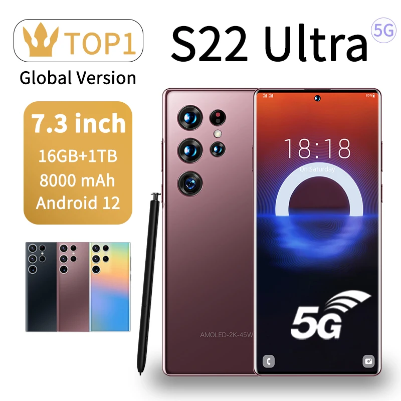 

Смартфон глобальная версия S22 Ultra, 7,3 дюйма, 16 ГБ + 1 ТБ, 8000 мАч, 48 + 100 МП, 4G/телефон с поддержкой двух Sim-карт