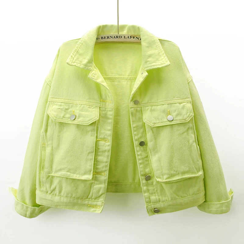 

Korean Fashion Light Green Denim Jacket Women Loose Short Cowboy Outerwear Ladies Big Pocket Long Sleeve Jeans Jackets Female