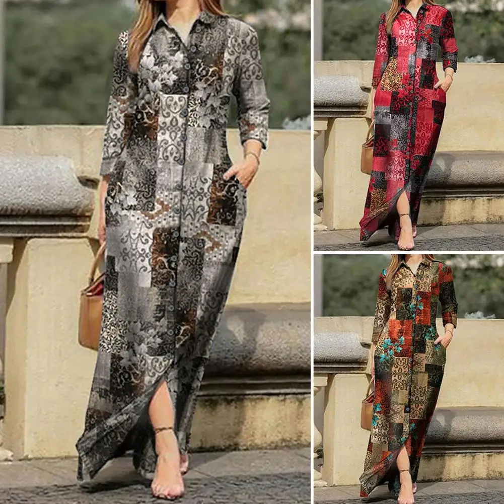 

Great Shirt Dress Intellectual All-Match Soft Texture Buttons Up Bohemia Print Casual Dress