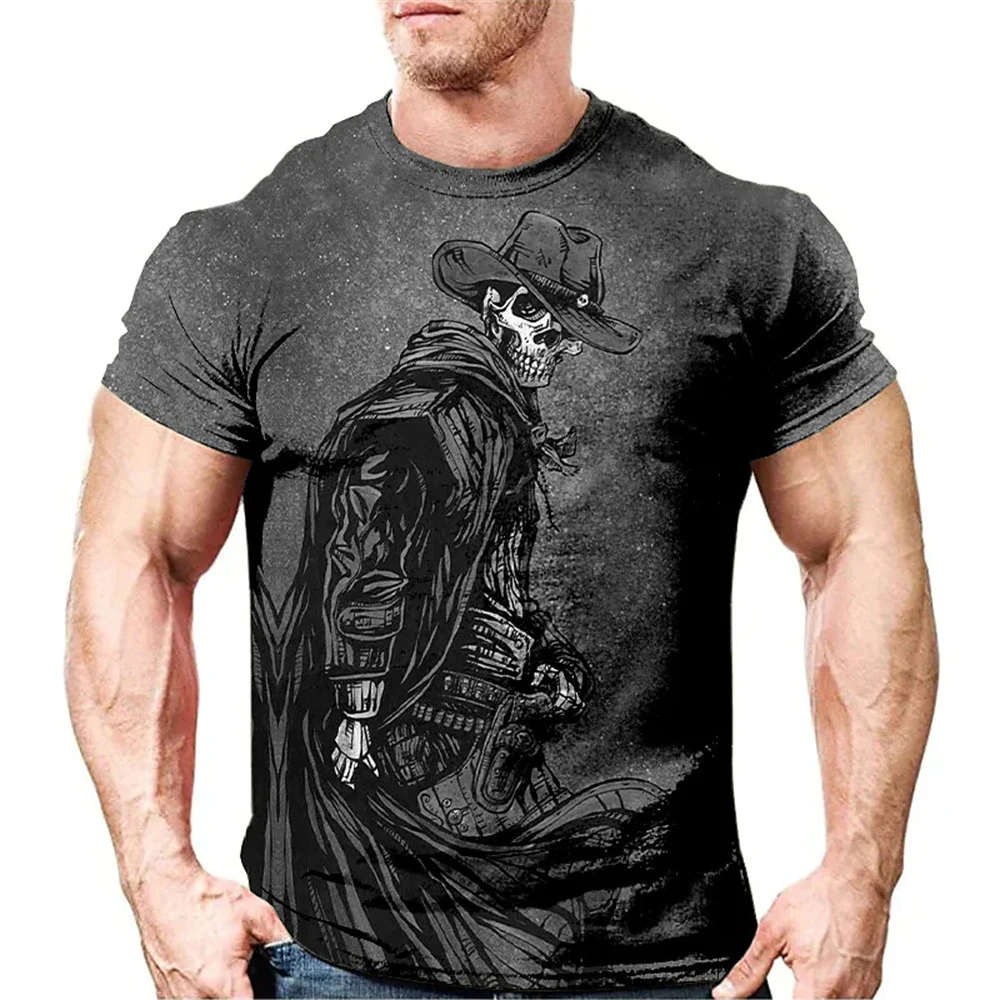 

Skull Cowboy Men's Retro T-shirt Street Trend Print Western Style Short-sleeved Summer Horror Skull Tops Oversized O-neck Tees