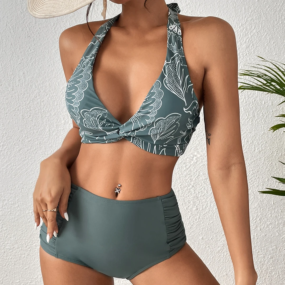 

2023 New Sexy High Waist Ruffles Bikini Sets Print Floral Bandeau Swimwear Women Swimsuits Bathing Suit Brazilian biquini