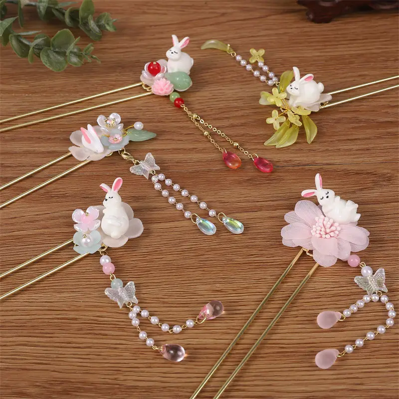 

Vintage Rabbit Hair Sticks for Women Chinese Tassel Pearl Butterfly Flower Hair Chopsticks Disk Hairsticks Hairpins Jewelry