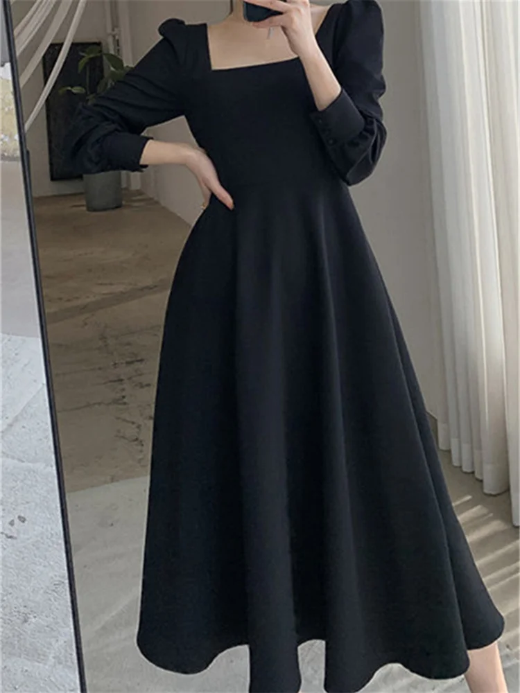 

Уличное винтажное платье в стиле Хепберн, маленькое черное женское платье, весна-осень 2023, длинное черное характерное Платье До Колена с ква...