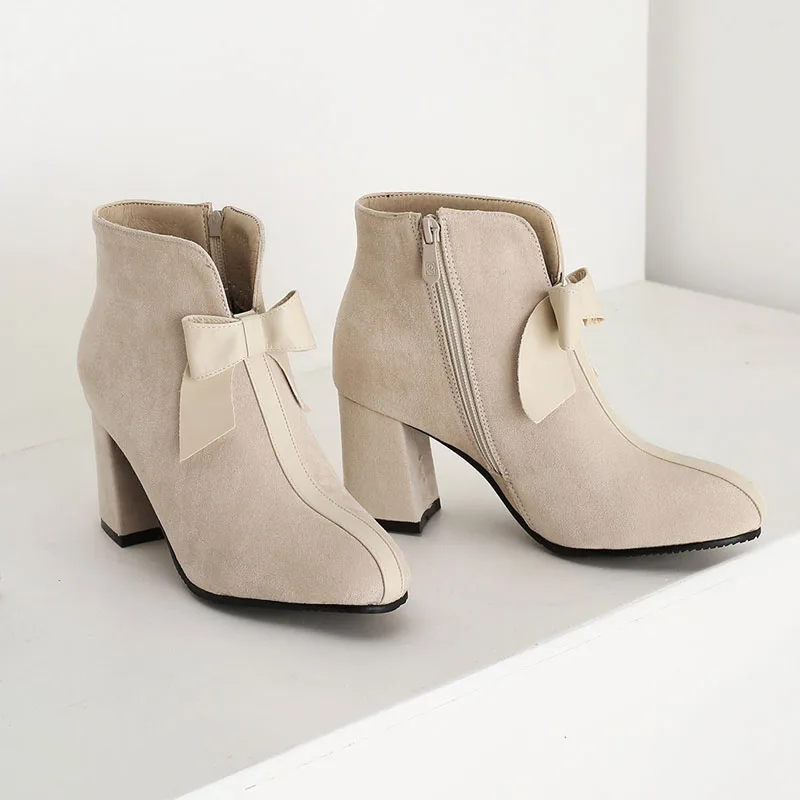 Фото Elegant Bowknot Women's Ankle Boots Thick High Heels Winter Boot Women Dance Party Shoes Female Booties Large Size 42 43 WSH5424 №3